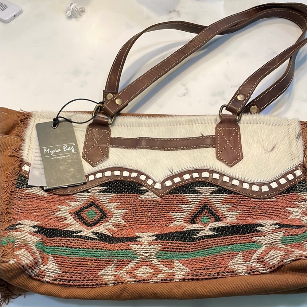 Myra Bag Canvas Shoulder Bag with Leather and Hide Decoration